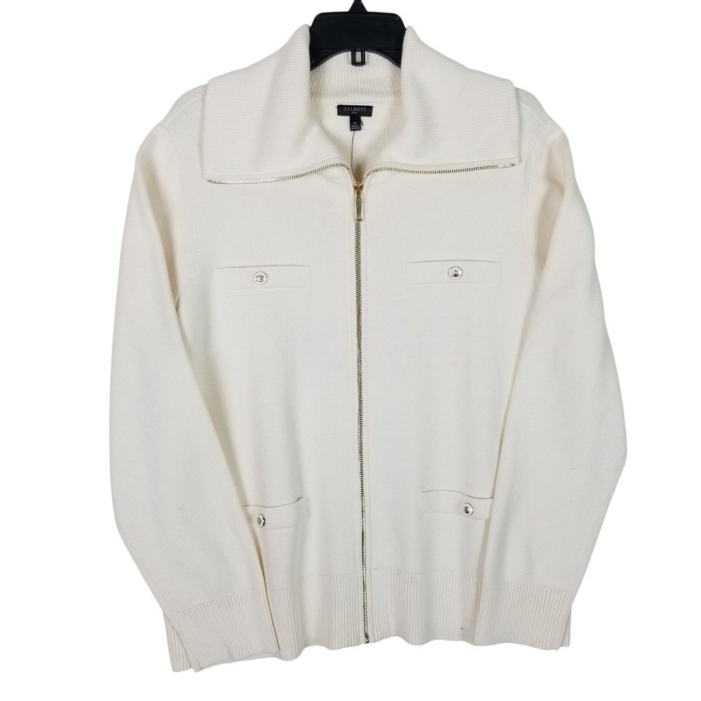 Talbots Zip Cardigan‎ Women 1X Ivory Cotton Blend Wing Collar Pockets KH5348